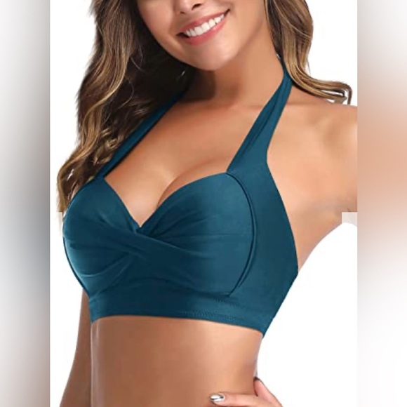 NWT Tempt Me Teal Vintage Swimsuit Retro Halter Ruched High Waist Bikini Set - Picture 6 of 16